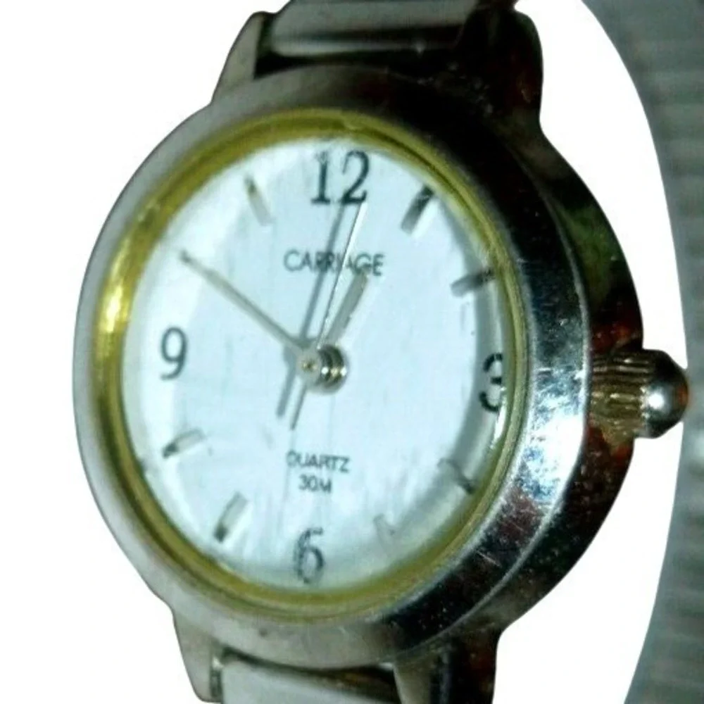 Carriage by Timex Womens Silver Tone Quartz Watch‎ White Dial Expansion Band 30M